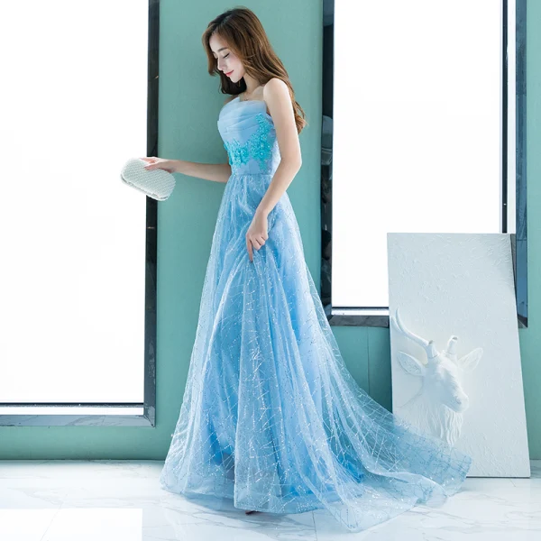 Chic / Beautiful Pool Blue Evening Dresses 2018 A-Line / Princess Lace Flower Rhinestone Sequins Strapless Backless Sleeveless Floor-Length / Long Formal Dresses