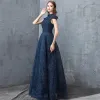 Chic / Beautiful Navy Blue Evening Dresses  2018 A-Line / Princess Lace Crystal Scoop Neck Backless Cap Sleeves Floor-Length / Long Formal Dresses