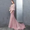 Modern / Fashion Candy Pink Evening Dresses  2018 Trumpet / Mermaid Lace Flower Appliques Beading Pearl Sequins Scoop Neck Backless 3/4 Sleeve Sweep Train Formal Dresses