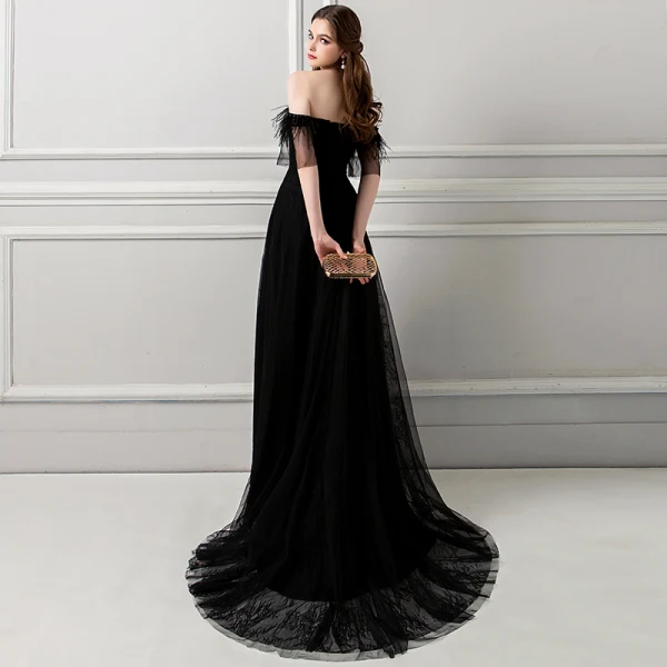 Amazing / Unique Black Evening Dresses  2018 A-Line / Princess Tassel Pearl Off-The-Shoulder Backless Short Sleeve Sweep Train Formal Dresses
