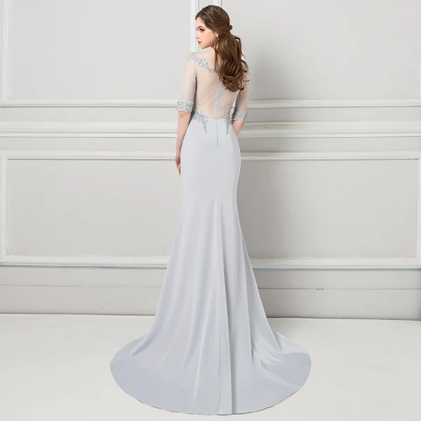 Modern / Fashion Grey Evening Dresses 2018 Trumpet / Mermaid Beading Lace Flower Pearl Rhinestone Scoop Neck 1/2 Sleeves Sweep Train Formal Dresses