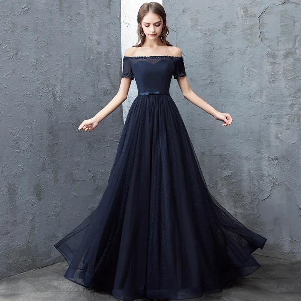 Schöne Marineblau Abendkleider 2018 A Linie Perlenstickerei Pailletten Schleife Off Shoulder Rückenfreies Kurze Ärmel Lange Festliche Kleider