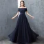 Schöne Marineblau Abendkleider 2018 A Linie Perlenstickerei Pailletten Schleife Off Shoulder Rückenfreies Kurze Ärmel Lange Festliche Kleider