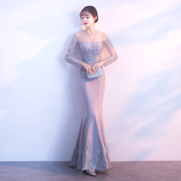Elegant Grey Evening Dresses  2018 Trumpet / Mermaid Lace Flower Beading Pearl Scoop Neck Long Sleeve Floor-Length / Long Formal Dresses