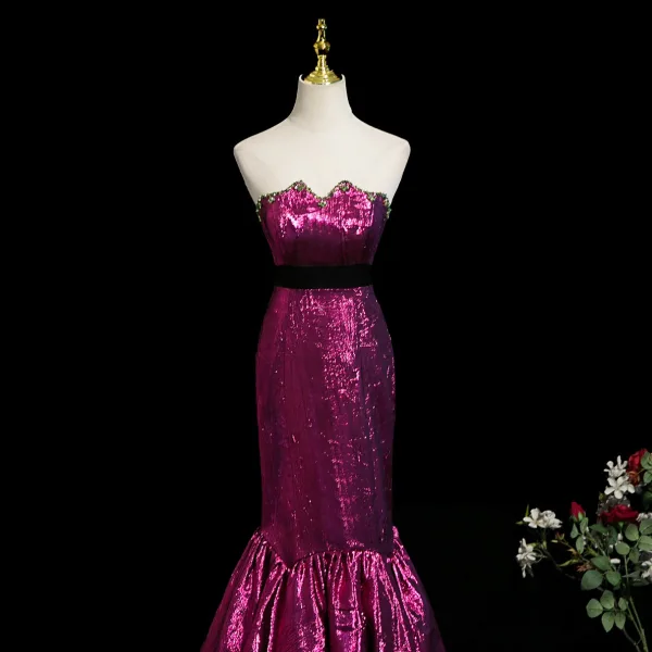 Sexy Purple Rhinestone Evening Dresses 2025 Trumpet / Mermaid Strapless Sleeveless Backless Floor-Length / Long Formal Dresses