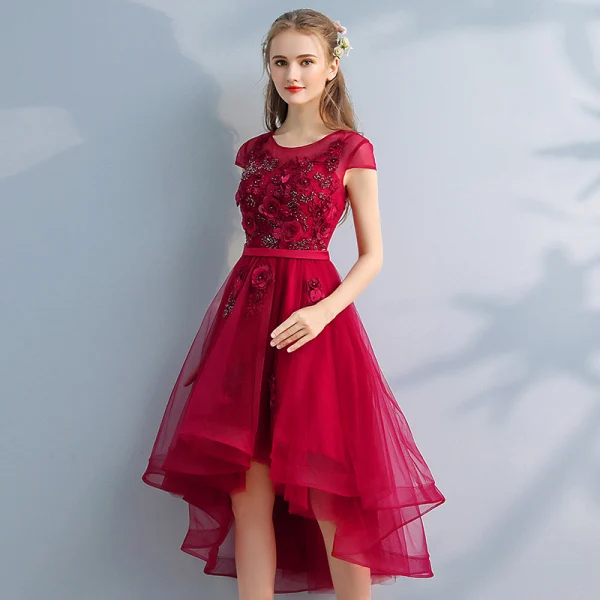 Chic / Beautiful Red Prom Dresses 2017 A-Line / Princess Lace Beading Appliques Pearl Scoop Neck Short Sleeve Asymmetrical Formal Dresses