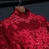 Schöne Rot Abendkleider 2017 A Linie Spitze Blumen Stehkragen Lange Ärmel Lange Abend