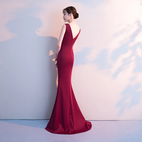 Chic / Beautiful Burgundy Evening Dresses 2018 Trumpet / Mermaid Split Front V-Neck Backless Sleeveless Floor-Length / Long Formal Dresses