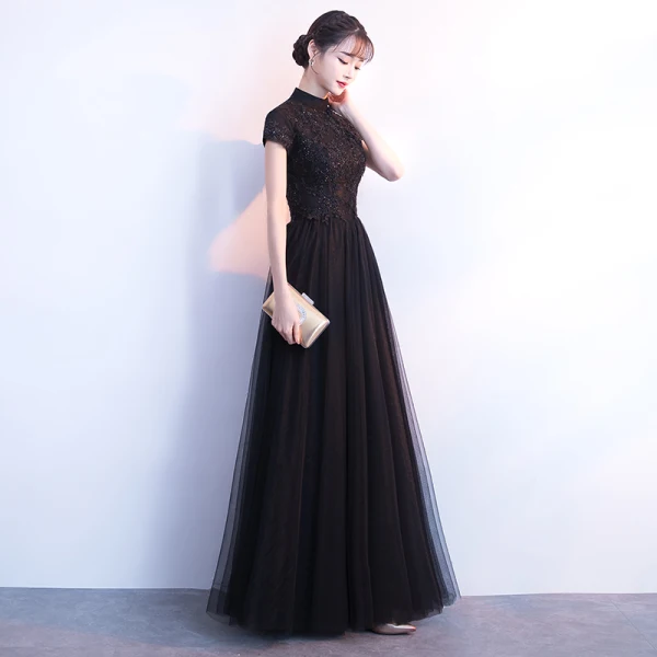Modern / Fashion Black Evening Dresses 2018 A-Line / Princess Beading Crystal Lace Flower Sequins High Neck Short Sleeve Backless Floor-Length / Long Formal Dresses