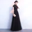 Modern / Fashion Black Evening Dresses  2018 A-Line / Princess Beading Crystal Lace Flower Sequins High Neck Short Sleeve Backless Floor-Length / Long Formal Dresses