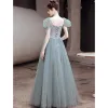 Fashion Sage Green Prom Dresses 2021 A-Line / Princess Square Neckline Puffy Short Sleeve Backless Floor-Length / Long Prom Formal Dresses