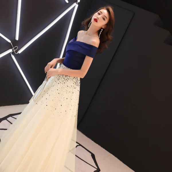 Elegant Champagne Prom Dresses 2018 A-Line / Princess Sequins Off-The-Shoulder Backless Short Sleeve Floor-Length / Long Formal Dresses
