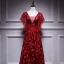 Charming Burgundy Prom Dresses 2018 A-Line / Princess Lace Flower Sequins V-Neck Backless Short Sleeve Floor-Length / Long Formal Dresses