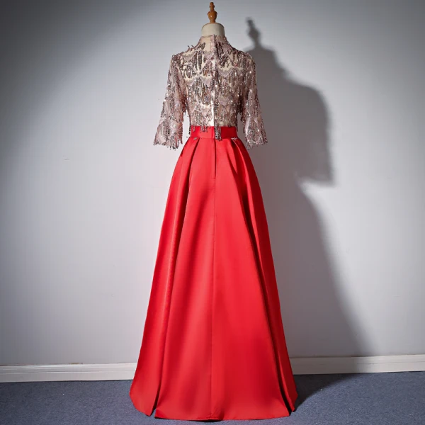 Luxury / Gorgeous Red Evening Dresses  2018 A-Line / Princess Sequins Beading Tassel High Neck 3/4 Sleeve Floor-Length / Long Formal Dresses