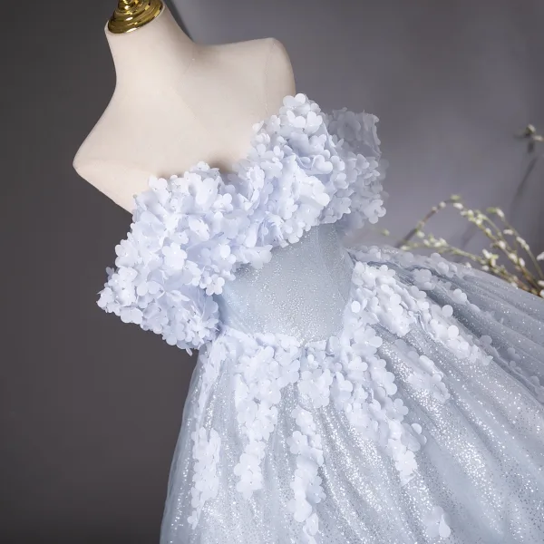Chic / Beautiful Sky Blue Glitter Appliques Prom Dresses 2025 Ball Gown Off-The-Shoulder Short Sleeve Backless Floor-Length / Long Prom Formal Dresses