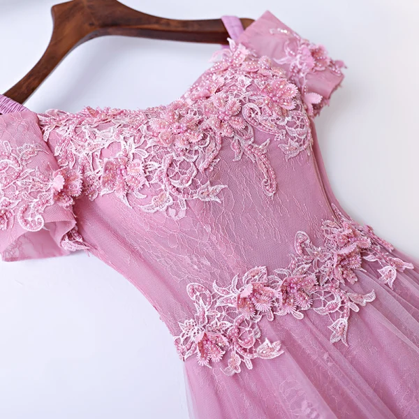 Chic / Beautiful Candy Pink Bridesmaid Dresses 2017 A-Line / Princess Lace Flower Beading Scoop Neck Short Sleeve Ankle Length Wedding Party Dresses