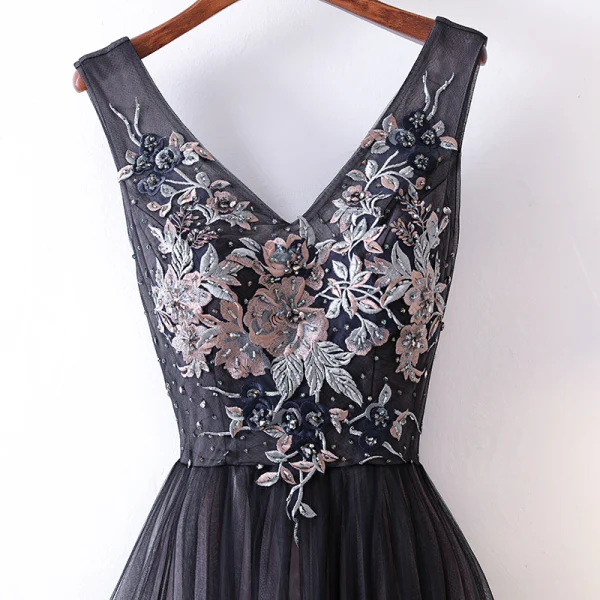 Chic / Belle Noire Robe De Soirée 2017 Princesse Dentelle Perlage Cristal V-Cou Dos Nu Sans Manches Robe De Ceremonie