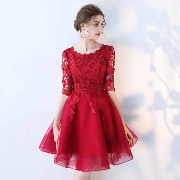 Chic / Beautiful Homecoming Graduation Dresses 2017 A-Line / Princess Lace Flower Scoop Neck 1/2 Sleeves Short Formal Dresses