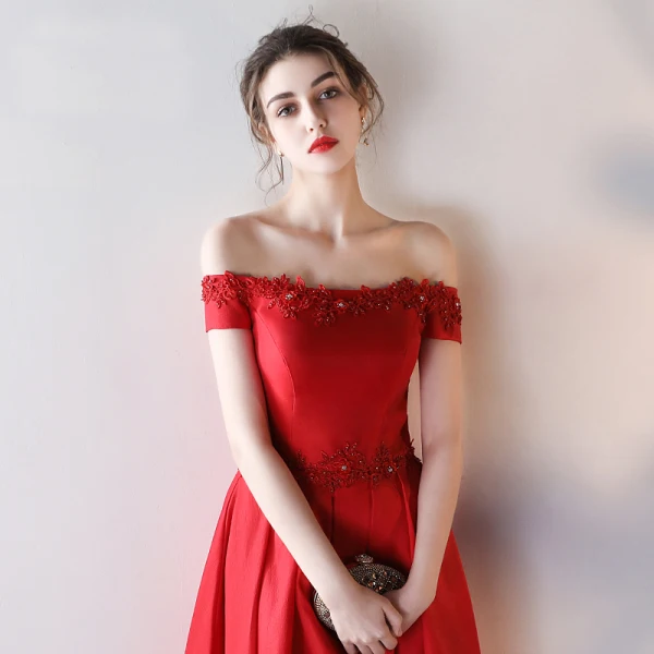 Chic / Belle Rouge Robe De Soirée 2017 Princesse Dentelle Fleur Paillettes De l'épaule Dos Nu Manches Courtes Longueur Cheville Robe De Ceremonie