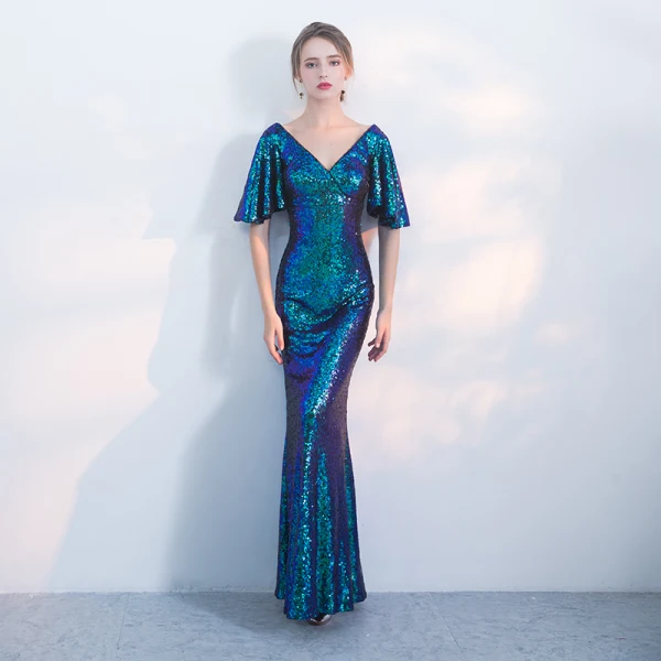 Chic / Belle Bleu D'encre Robe De Ceremonie 2017 Trompette / Sirène Paillettes V-Cou Dos Nu 1/2 Manches Longue Robe De Soirée