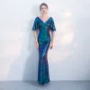 Chic / Beautiful Ink Blue Formal Dresses 2017 Trumpet / Mermaid Sequins V-Neck Backless 1/2 Sleeves Floor-Length / Long Evening Dresses