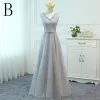 Piękne Szary Sukienki Dla Druhen 2017 Princessa Z Koronki Kokarda Bez Pleców Długość Kostki Na Wesele Sukienki Na Wesele