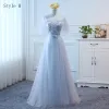 Hermoso Azul Cielo Vestidos De Damas De Honor 2017 A-Line / Princess Bowknot Flores Artificiales Sin Espalda Largos La Dama De Honor Vestidos para bodas