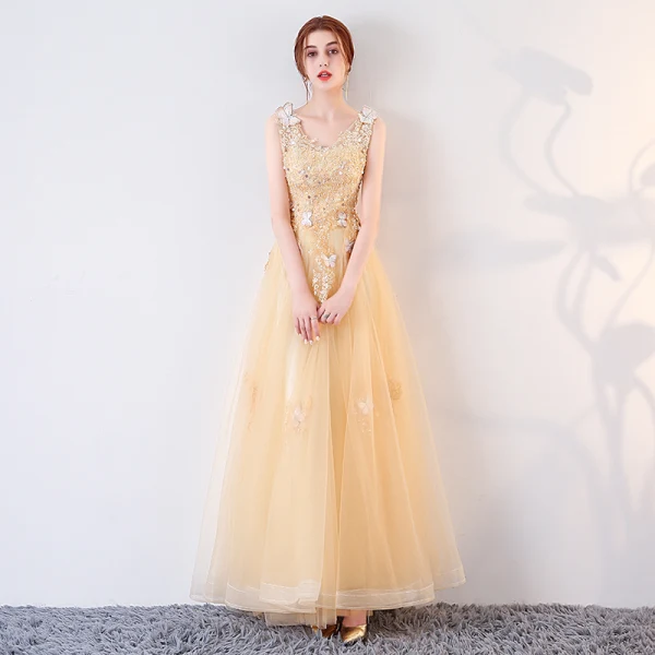 Luxury / Gorgeous Gold Prom Dresses 2017 A-Line / Princess Butterfly Lace Flower Crystal Sequins V-Neck Backless Sleeveless Ankle Length Formal Dresses