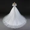 Chic / Beautiful Wedding Dresses 2017 Ball Gown Lace Flower Sequins Off-The-Shoulder Backless Short Sleeve Royal Train