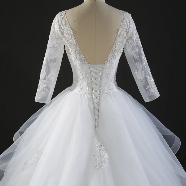 Chic / Belle Robe De Mariée 2017 Robe Boule En Dentelle Fleur Paillettes V-Cou Dos Nu 3/4 Manches Royal Train