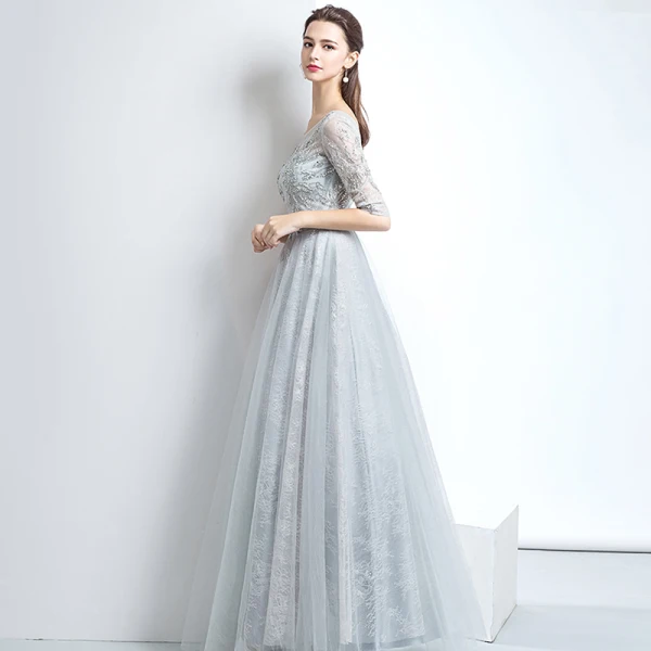 Chic / Beautiful Evening Dresses 2017 A-Line / Princess Lace Sequins Scoop Neck Backless 1/2 Sleeves Floor-Length / Long Evening Party