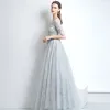 Chic / Beautiful Evening Dresses  2017 A-Line / Princess Lace Sequins Scoop Neck Backless 1/2 Sleeves Floor-Length / Long Evening Party