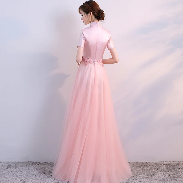 Chic / Beautiful Pearl Pink Chinese style Formal Dresses 2017 A-Line / Princess Lace Flower Pearl High Neck Short Sleeve Floor-Length / Long Evening Dresses