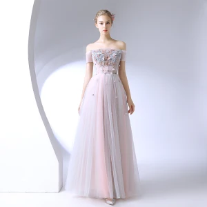 Chic Beautiful Blushing Pink Formal Dresses 2017 A Line Princess Lace Flower Crystal Off The Shoulder Backless Short Sleeve Ankle Length Prom Dresses