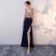 Chic / Beautiful Navy Blue Evening Dresses  2017 A-Line / Princess Rhinestone Backless V-Neck Sleeveless Floor-Length / Long Formal Dresses