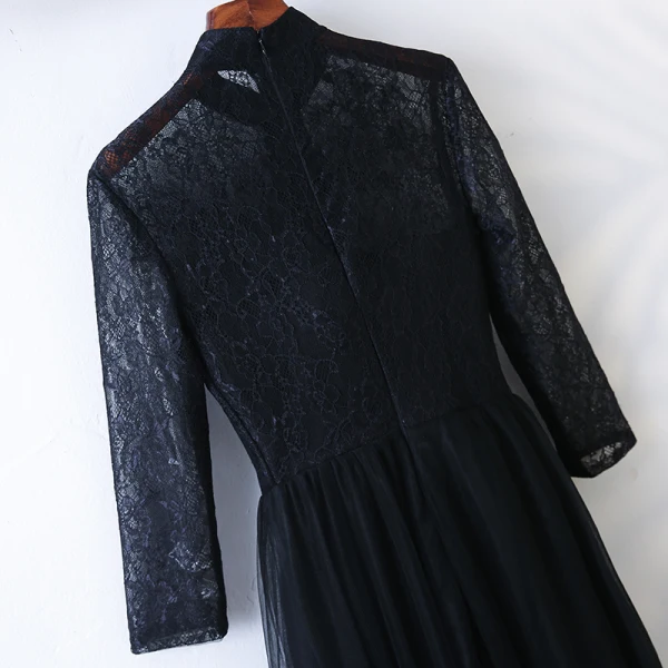 Chic / Beautiful Black Evening Dresses 2017 A-Line / Princess Lace Beading Crystal High Neck Long Sleeve Ankle Length Formal Dresses