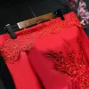 Chic / Beautiful Red Evening Dresses  2017 A-Line / Princess Lace Backless Off-The-Shoulder Long Sleeve Ankle Length Formal Dresses