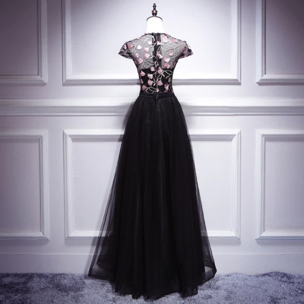 Chic / Beautiful Black Evening Dresses 2018 A-Line / Princess Lace Flower Scoop Neck Cap Sleeves Floor-Length / Long Formal Dresses