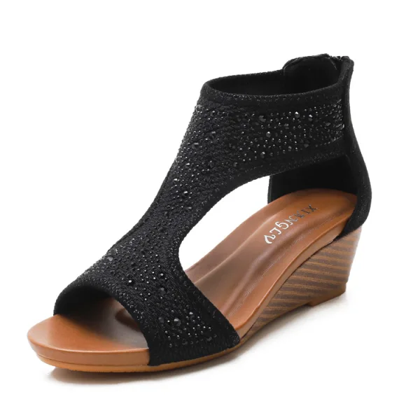 Böhmen Braun Strand Strass Sandalen Damen 2021 5 cm Keilabsatz Peeptoes Sandaletten
