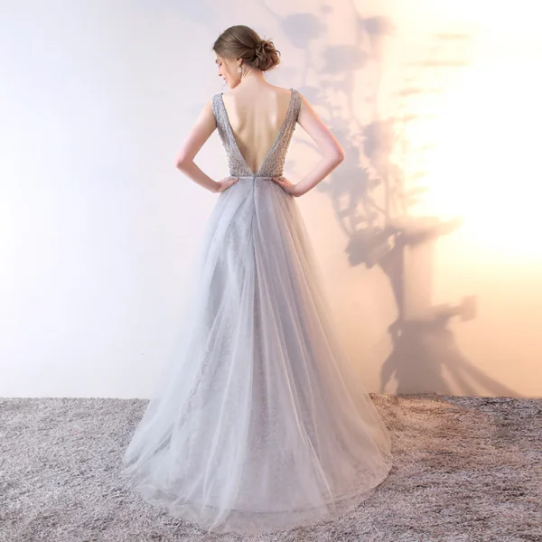Chic / Beautiful Silver Evening Dresses 2017 A-Line / Princess Lace Flower Beading V-Neck Backless Sleeveless Floor-Length / Long Formal Dresses