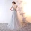 Chic / Beautiful Silver Evening Dresses  2017 A-Line / Princess Lace Flower Beading V-Neck Backless Sleeveless Floor-Length / Long Formal Dresses