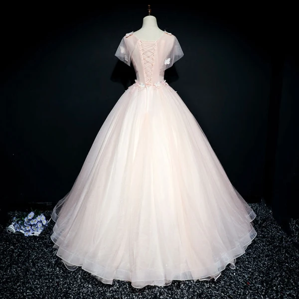 Chic / Beautiful Prom Dresses 2017 Ball Gown Lace Flower Artificial Flowers Butterfly Pearl Scoop Neck Short Sleeve Floor-Length / Long Formal Dresses