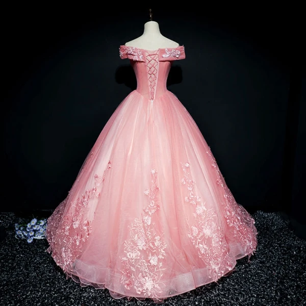 Chic / Belle Robe De Bal 2017 Robe Boule En Dentelle Fleur Perle Paillettes De l'épaule Dos Nu Manches Courtes Longue Robe De Ceremonie