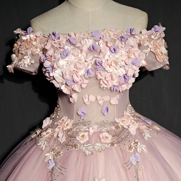 Chic / Beautiful Pearl Pink Prom Dresses 2017 Ball Gown Lace Flower Pearl Rhinestone Off-The-Shoulder Backless Short Sleeve Ankle Length Formal Dresses