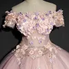Flotte Perle Pink Gallakjoler 2017 Balkjole Med Blonder Blomsten Perle Rhinestone Off-The-Shoulder Halterneck Kort Ærme Ankel Længde Kjoler