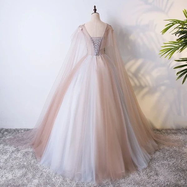 Chic / Beautiful Champagne Prom Dresses 2017 Ball Gown Lace Flower Pearl Artificial Flowers V-Neck Backless Short Sleeve Floor-Length / Long Formal Dresses
