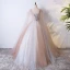 Chic / Beautiful Champagne Prom Dresses 2017 Ball Gown Lace Flower Pearl Artificial Flowers V-Neck Backless Short Sleeve Floor-Length / Long Formal Dresses