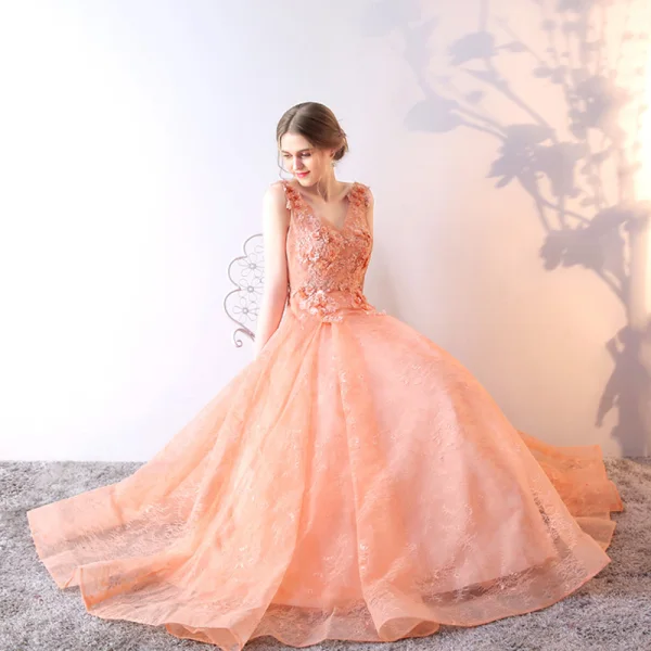 Chic / Beautiful Orange Evening Dresses 2017 A-Line / Princess Lace Flower Sequins V-Neck Backless Sleeveless Floor-Length / Long Formal Dresses
