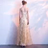 Chic / Beautiful Champagne Evening Dresses  2017 A-Line / Princess Lace Flower Sash Sequins Scoop Neck Sleeveless Ankle Length Formal Dresses