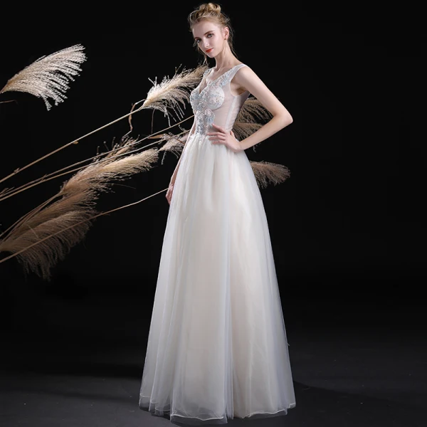 Chic / Belle Ivoire Robe De Soirée 2017 Princesse En Dentelle Fleur Perle Paillettes V-Cou Dos Nu Sans Manches Longueur Cheville Robe De Ceremonie